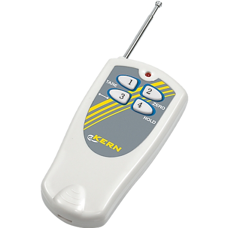 White remote control with antenna. Blue buttons with numbers. Grey field with yellow stripes. Red LED.