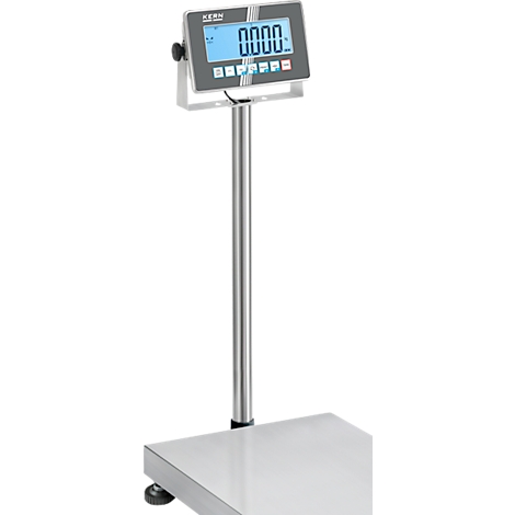Digital scale with display, zero, silver column and platform.