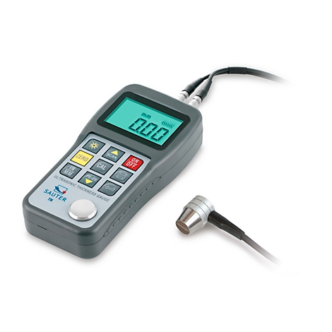 Graues Ultraschall-Dickenmessgerät mit grünem Display, das 0,00 mm anzeigt, und separater Messsonde.