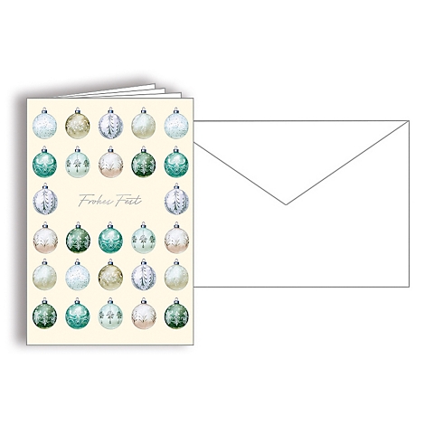Kerstkaarten set met kerstballen en tekst 'Frohes Fest'. Daarnaast een witte envelop.