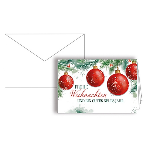 Kerstkaart met rode ballen en de tekst "Vrolijk kerstfeest en een gelukkig nieuwjaar". Daarnaast een witte envelop.