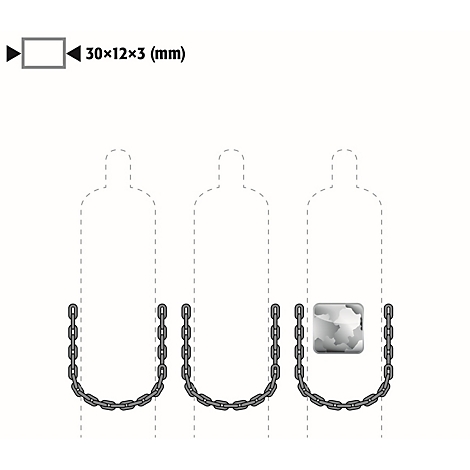 Schemazeichnung: Drei schematische Figuren mit Ketten im unteren Bereich. Oben links: ein Rechteck mit den Maßen 30x12x3 (mm).