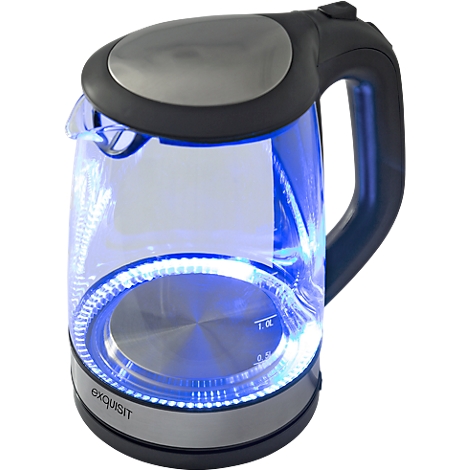 Glass kettle with blue light. The brand "exquisit" is visible.