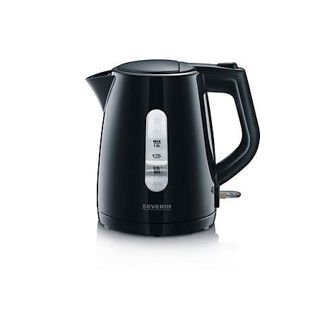 Black kettle with water level indicator, handle and spout against a white background.