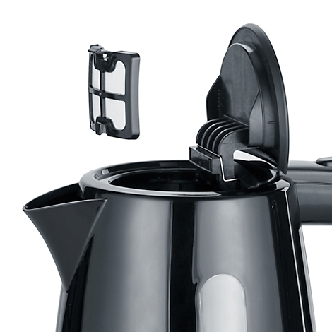 Close-up of a black kettle, the lid is open, with the removable filter next to it.