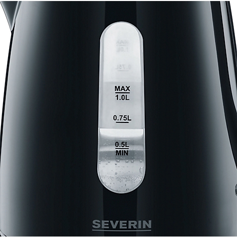 Close-up of a black kettle with water level indicator, reads "SEVERIN".