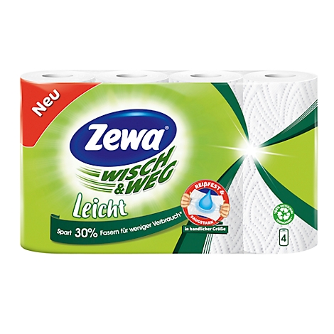 Zewa Wisch & Weg, 4 rollen keukenpapier. Groen en wit ontwerp, logo en indicaties op de verpakking.