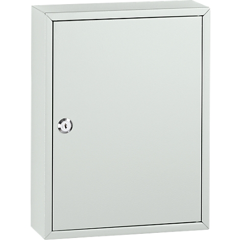 Closed white medicine cabinet. Door with lock.