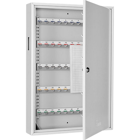 White key cabinet, partially open, with color-coded hooks and numbered slots.