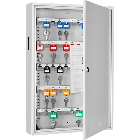 Grey key cabinet with open door. Several keys are hanging on coloured tags in orderly rows.