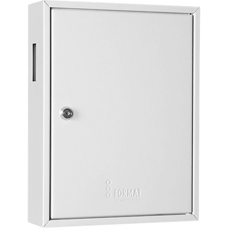 White, square metal box with lock. The text "FORMAT" is on the door.
