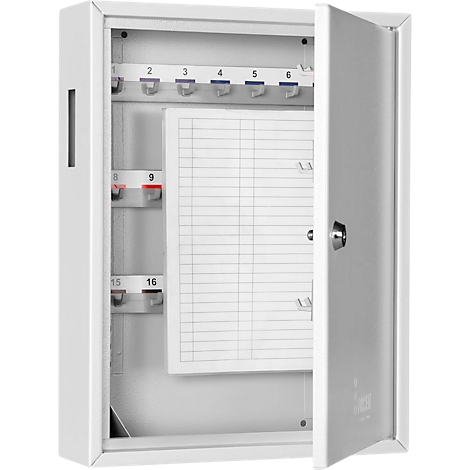 Gray key cabinet with open door. Hooks for keys and numbers on the blue bar.
