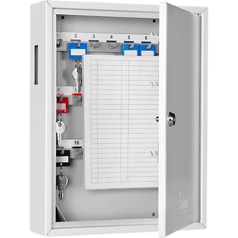 Opened grey key cabinet. Keys on coloured hook strips, behind a list. The lock is open.