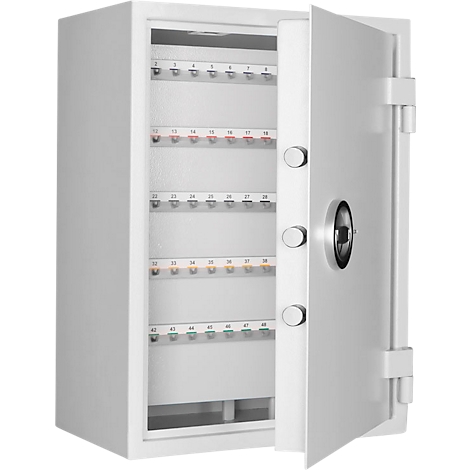 White key safe, door open. Inside rows for keys with numbers. Silver rotary knob on the right.