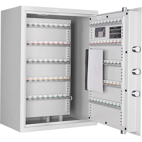 White safe with an open door filled with key holders, a notepad and rotating knobs.