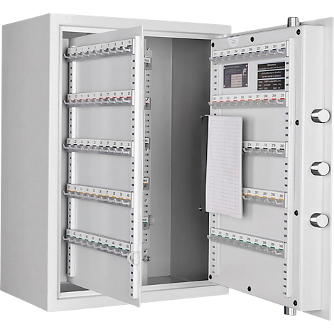 White safe with open doors. Inside, many key holders and a notepad.
