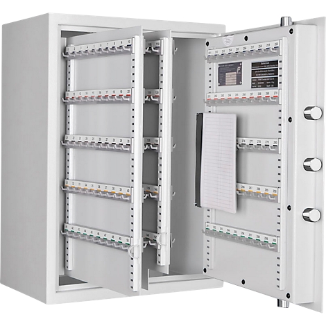 White key cabinet with open doors filled with keys and index cards. The inside shows numbered rows of key hooks.