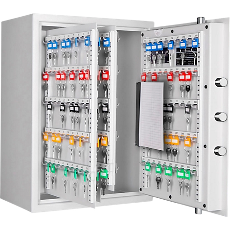 White key cabinet, opened. Several keys with colored tags are attached to hooks. Inside, a notepad is visible.