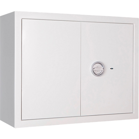 White safe with two doors, round handle and keyhole.