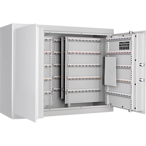 An open white safe with key hooks. The safe is equipped with multiple rows of hooks.