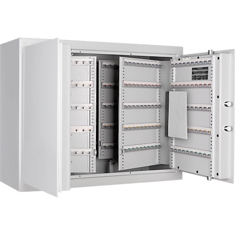 Open white safe with many key holders. The door is open, rows for keys can be seen inside.