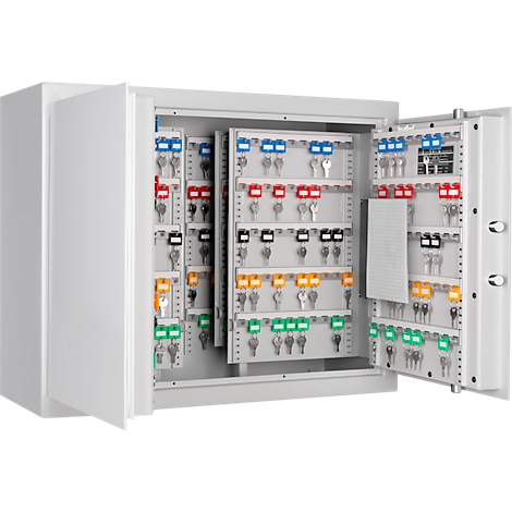 Open white key safe with keys organized by color.