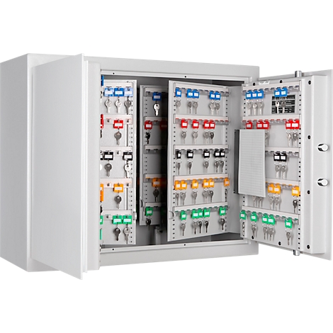 White key cabinet with open doors, filled with colored keys and tags.