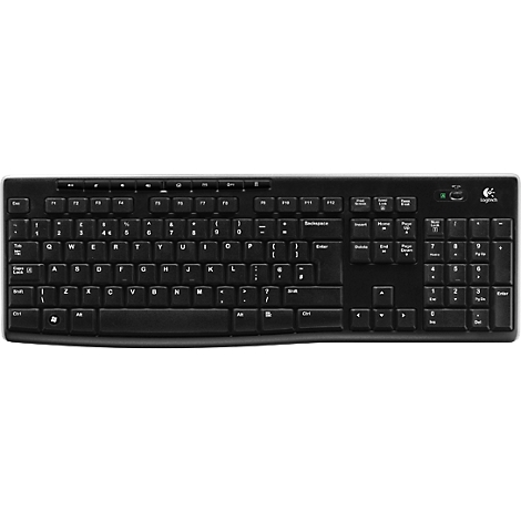 Black keyboard, standard layout, letters and numbers, Logitech logo.