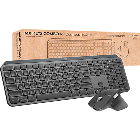Gray keyboard and mouse set in front of brown cardboard box. Print: MX KEYS COMBO.