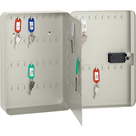 Open gray key cabinet with keys and colored tags.