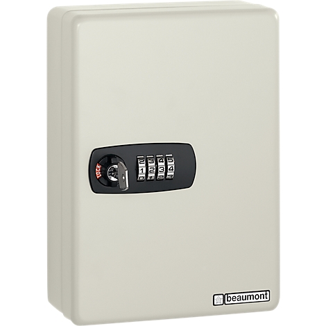 A cream-colored key safe with combination lock and the word "beaumont".