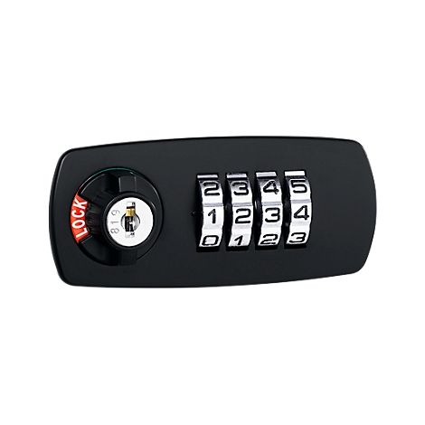 A black combination lock with four digits. The numbers are white on a black background. On the left is a locking mechanism.