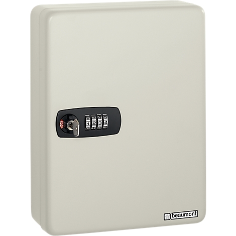 Cream-colored key safe with combination lock and key. The safe has the Beaumont logo.