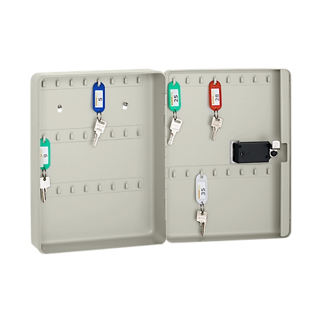 An open grey key cabinet with keys on colored tags.