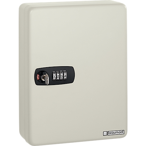 Beige key safe with combination lock and key. The brand name "beaumont" is visible on the safe.