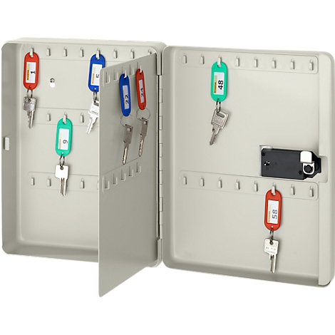 Open, light grey key cabinet with colored key fobs and numbers. A lock is on the right side.