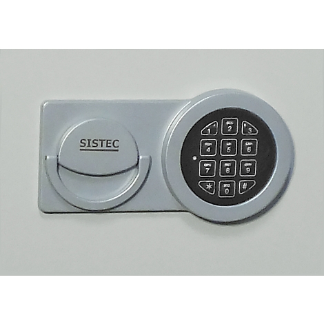 Gray safe door with numeric keypad and handle. "SISTEC" is printed on the handle.