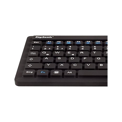 Detailaufnahme einer schwarzen KeySonic-Tastatur mit weiÃŸen Buchstaben und blauen Funktionstasten.