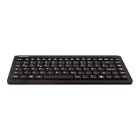 Schwarze flache Tastatur mit weiÃŸen Buchstaben, auf weiÃŸem Hintergrund. Die Tasten in blau.