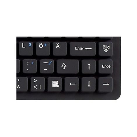 Nahaufnahme einer schwarzen Tastatur mit deutschen Buchstaben und Sonderzeichen.