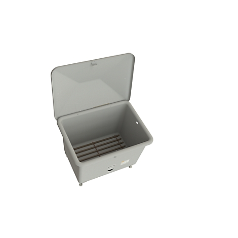 Hellgraue Waschbox, Deckel geöffnet, mit Gitter am Boden.