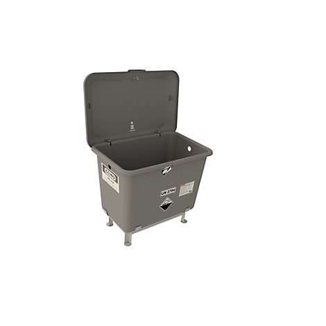 Grauer Abfallbehälter mit offenem Deckel, auf Metallfüßen, Hinweisschilder.