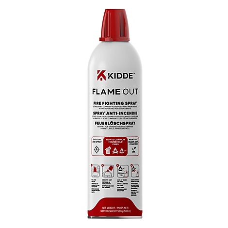 Weiße Kidde Feuerlöschspray-Dose mit roter Kappe und mehrsprachiger Beschriftung vor neutralem Hintergrund.