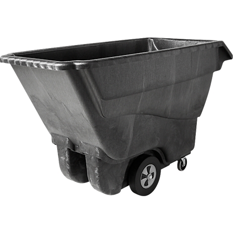 Zwarte kruiwagen met wielen. Het heeft een rechthoekige vorm met afgeronde zijkanten en een handvat aan de bovenkant.