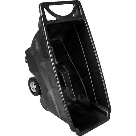 Zwarte afvalwagen met grote wielen, gekantelde bak en handvat.