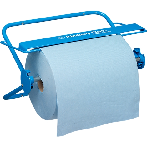 Blauwe papieren handdoekdispenser met een rol papier, fabrikant Kimberly-Clark.