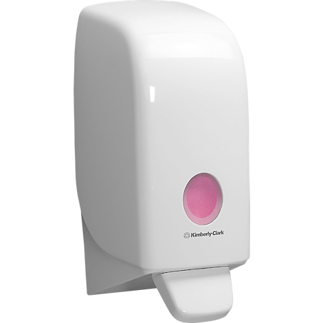 White soap dispenser with pink viewing window and Kimberly-Clark logo.