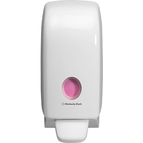 White soap dispenser with pink soap in the dispenser window. Kimberly-Clark logo at the bottom.