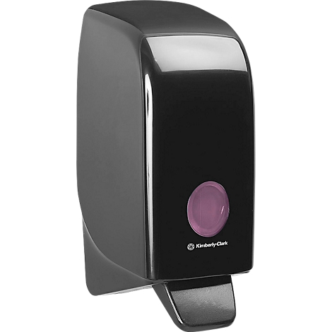 Black soap dispenser with pink viewing window and Kimberly-Clark logo.