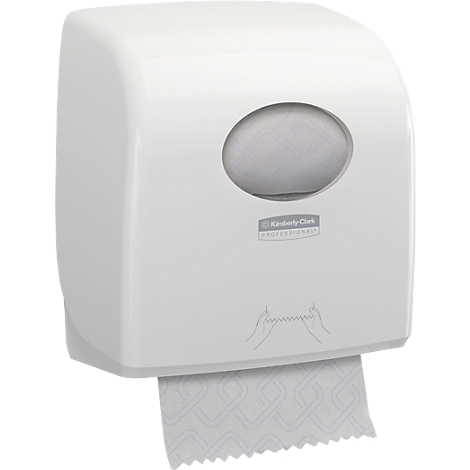 White paper towel dispenser with oval opening and logo, paper towels are being pulled out. Kimberly-Clark Professional.